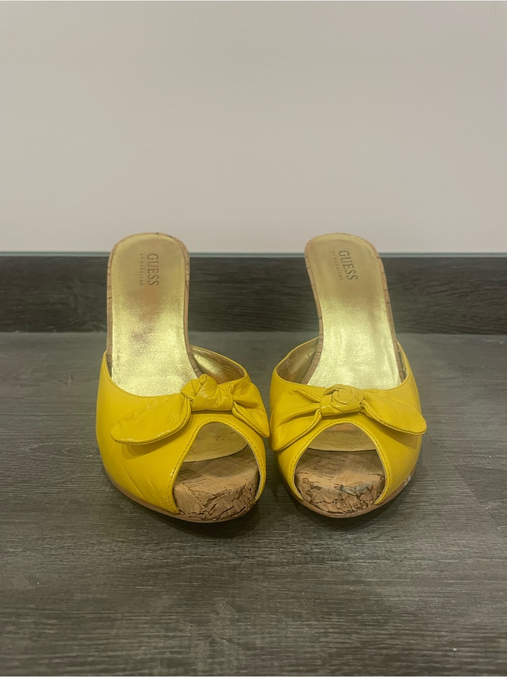 GUESS Yellow Open-Toe Slide Mules with Knot Detail